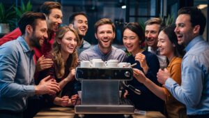 Une photographie de quelques collègues devant la machine à café à la manière de la série française : 