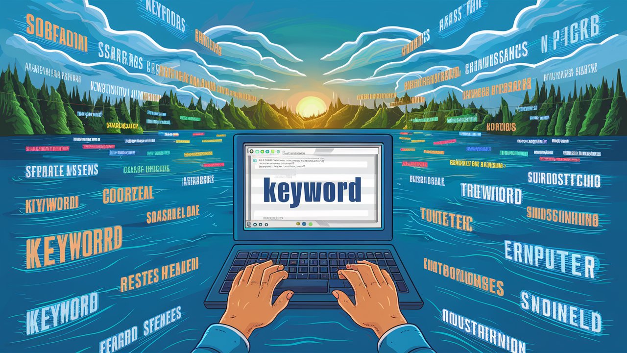 A lake in a digital world where many different keywords swim. Emerging from the sky computer screen, fingers enter a keyword.