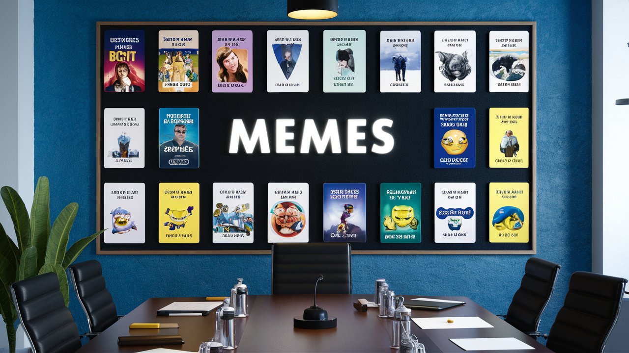 Tableau_de_Memes Un tableau affichant tous les mèmes du moment dans une salle de réunion moderne