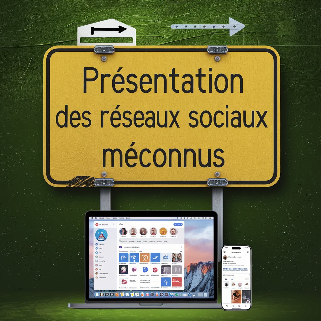 Les réseaux sociaux méconnus en France Un panneau routier lumineux avec le message « Présentation des réseaux sociaux méconnus ». Le panneau est placé sur un fond vert. Sous le panneau, il y a une table avec un ordinateur portable et un smartphone. L'ordinateur portable a une fenêtre ouverte affichant une plateforme de médias sociaux. Le smartphone a une application de médias sociaux ouverte.