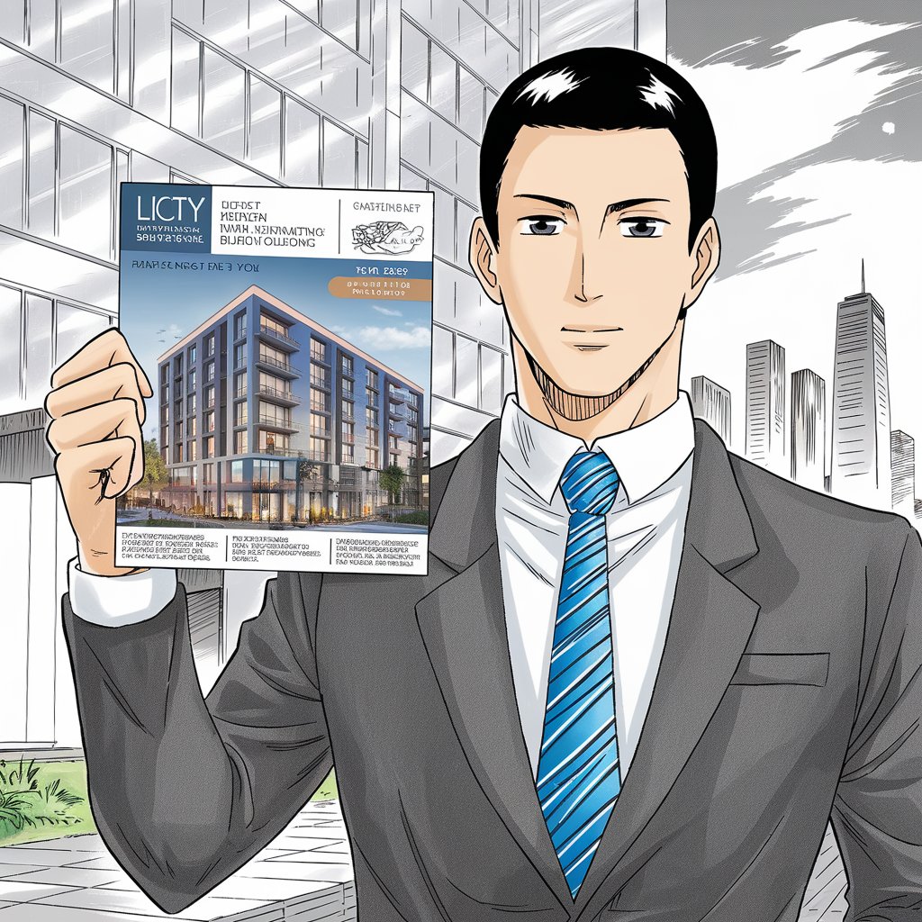 Publipostage_manga Illustration de style manga représentant un homme en costume et cravate debout devant un immeuble. Il tient un courrier publicitaire pour un nouvel immeuble d'appartements de luxe. On aperçoit les gratte-ciels de la ville en arrière-plan.