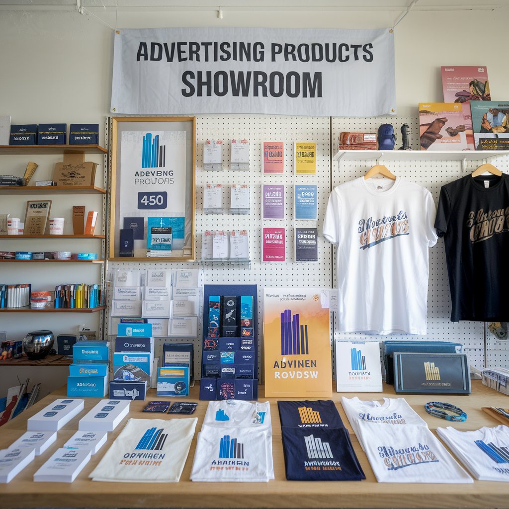 Supports_Pub_entreprises Une photo d'un showroom avec divers produits publicitaires. On y trouve des cartes de visite, des dépliants, des brochures, des affiches, des autocollants, des enveloppes personnalisées et des t-shirts. La pièce dispose de quelques tables et étagères. Il y a une bannière sur laquelle est écrit "Salle d'exposition de produits publicitaires". L'arrière-plan est un mur blanc.