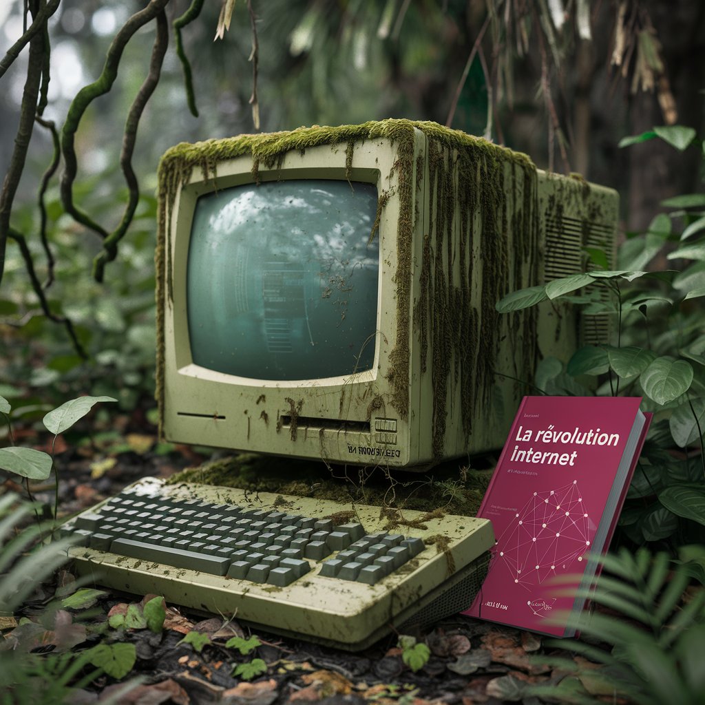 Internet des années 90-2000 Une photo d'un vieil ordinateur posé au milieu d'une jungle dense. L'ordinateur est recouvert de mousse et à côté se trouve un livre intitulé "La révolution internet". L'arrière-plan est rempli de verdure.