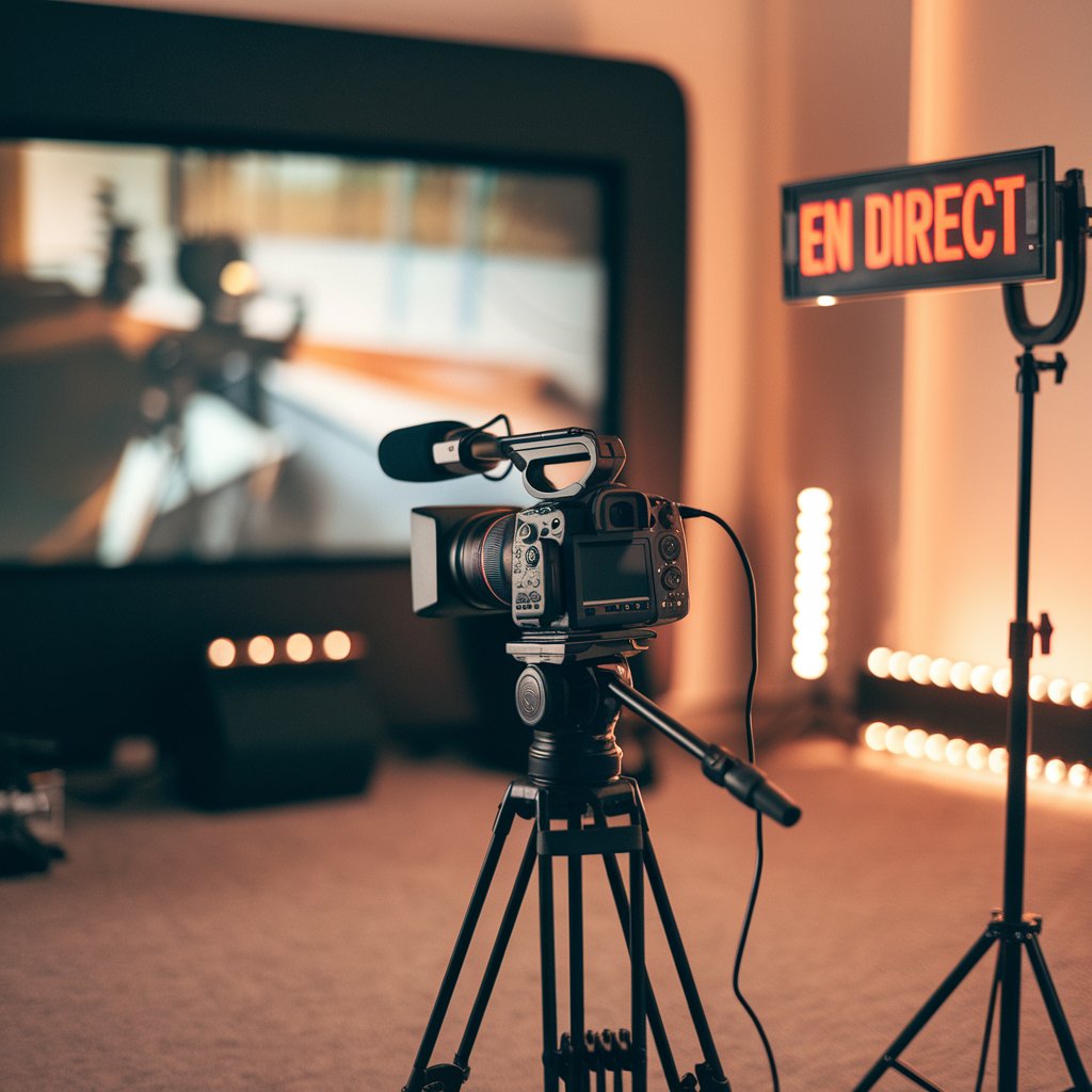 Studio_Direct_Marketing Une photo réaliste d'un studio d'enregistrement vidéo. L'image de fond est floue. Par contre, on voit clairement une lumière rouge indiquant "En direct". Il y a une caméra sur un trépied avec un micro devant. La pièce est bien éclairée, avec un éclairage doux sur le sujet. Le sol est recouvert d'un tapis.