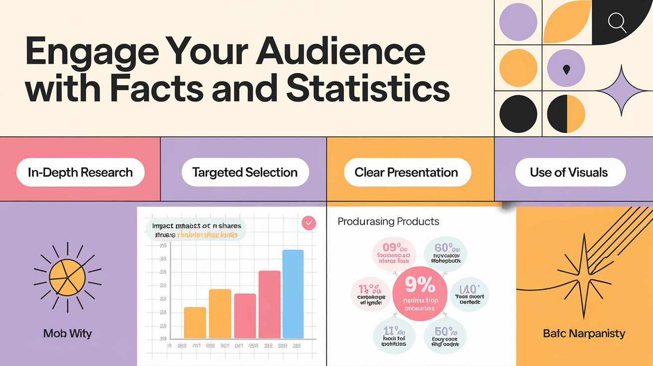 an-eye-catching-visual-for-a-blog-post-about-engag-BTI4syucQKmgV77h9o8hSA-hguAHdPASuy-KpteX6FV5A Un visuel accrocheur pour un article de blog sur la manière d'engager votre public avec des faits et des statistiques intéressants. Le titre principal est « Engagez votre public avec des faits et des statistiques ». Il y a quatre sous-titres : « Recherche approfondie », « Sélection ciblée », « Présentation claire » et « Utilisation de visuels ». Sous les sous-titres, il y a deux graphiques : un graphique montrant l'impact des vidéos sur les partages et une infographie illustrant la statistique sur l'achat de produits via les réseaux sociaux. La palette de couleurs est lumineuse et attrayante. Le style est moderne et professionnel. Le visuel est optimisé pour les réseaux sociaux.