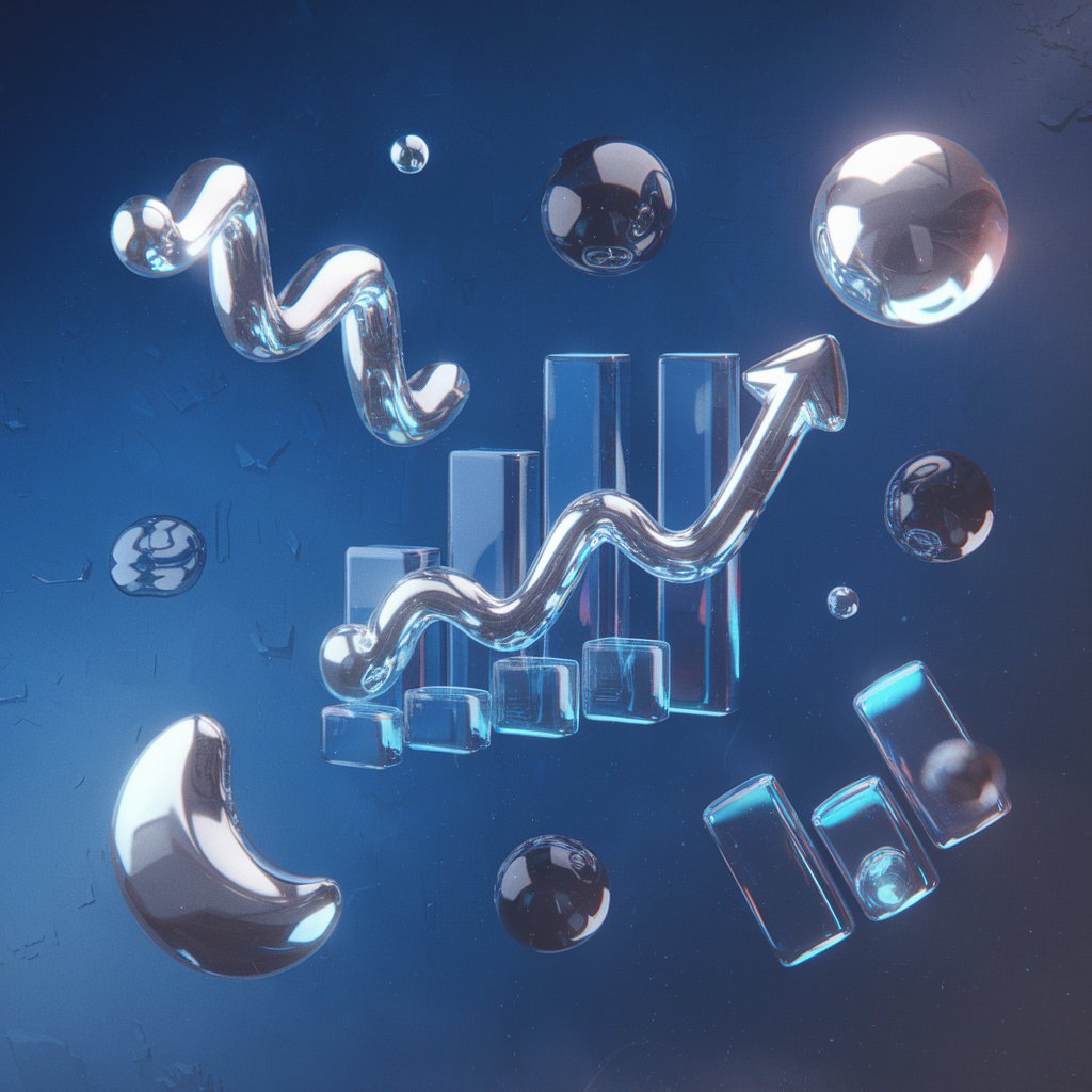 Graphiques en tout genre Rendu 3D d'un fond bleu avec divers graphiques 3D, dont un histogramme, une courbe, un graphique à barres et un graphique de camembert. Les graphiques flottent dans l'air et sont légèrement inclinés. Ils ont une finition brillante. Il y a également des sphères plus petites et lumineuses dispersées autour des graphiques. L'image globale a une esthétique futuriste et high-tech.