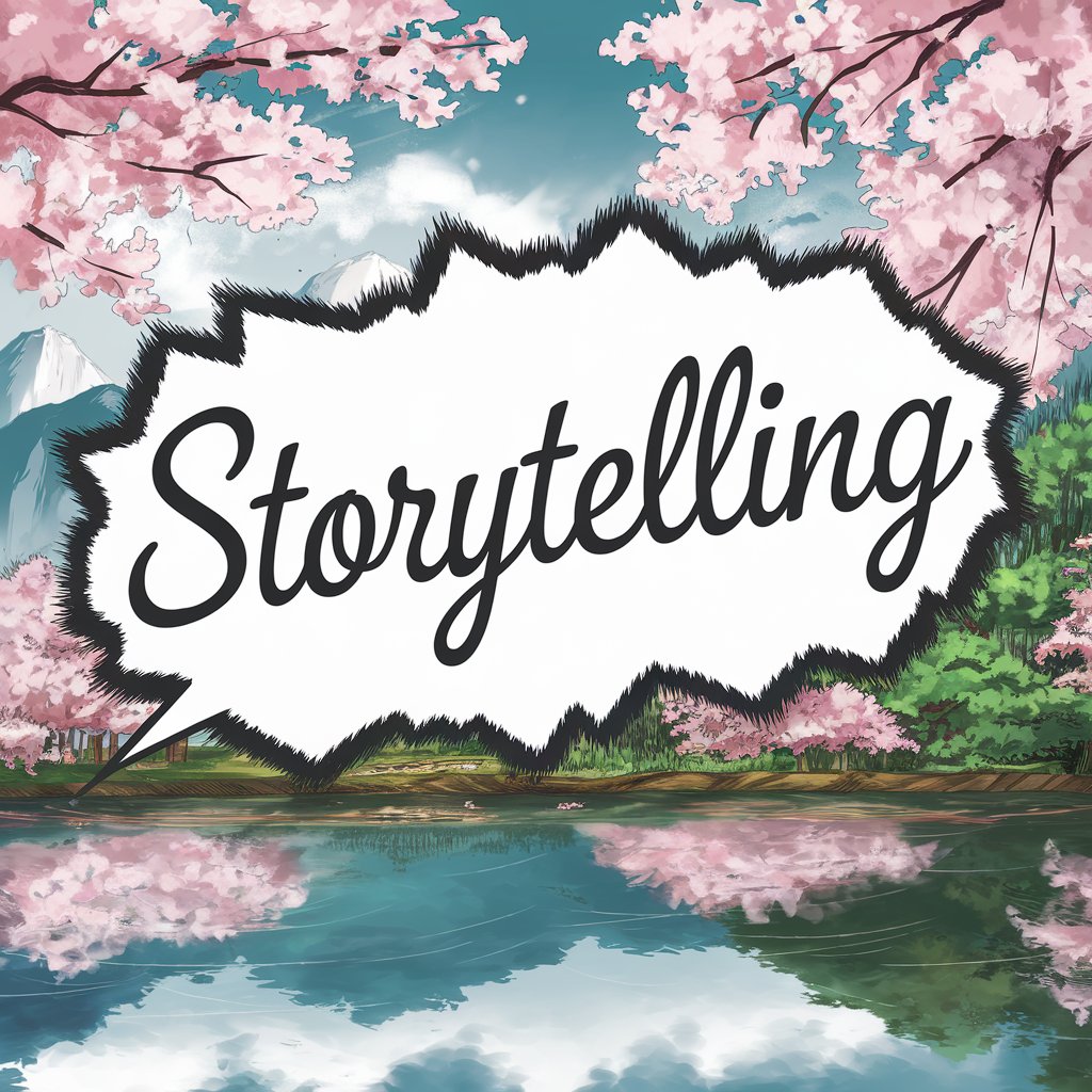 Storytelling: les bonnes techniques Une bulle de texte de style manga avec le mot « Storytelling » écrit en cursive. L'arrière-plan est un paysage serein avec un lac calme reflétant les montagnes et les arbres. Il y a des cerisiers en fleurs en pleine floraison.