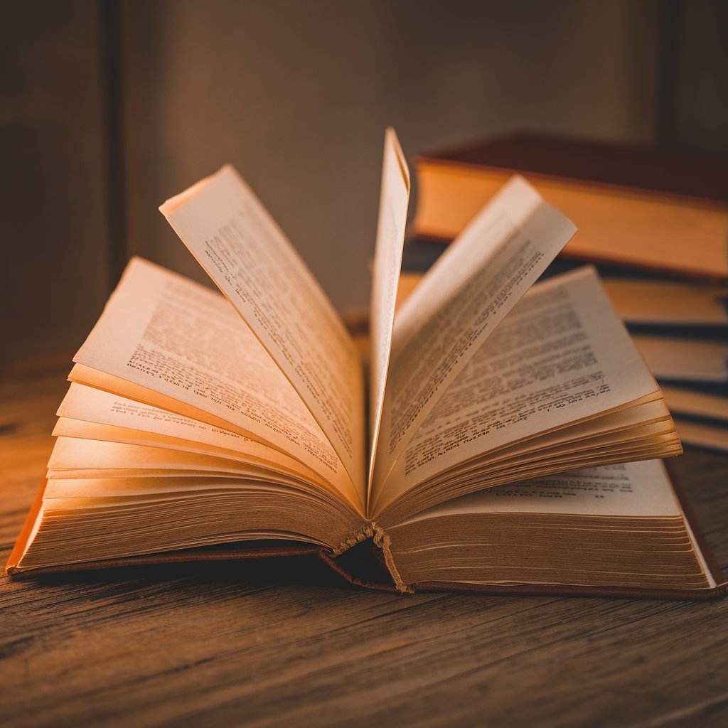 Livre ouvert récits interactifs Photographie d'un livre ouvert avec des lignes d'écriture. Le livre est posé sur une surface en bois. L'arrière-plan est flou et contient quelques livres supplémentaires. Une lumière chaude éclaire le livre depuis la gauche.