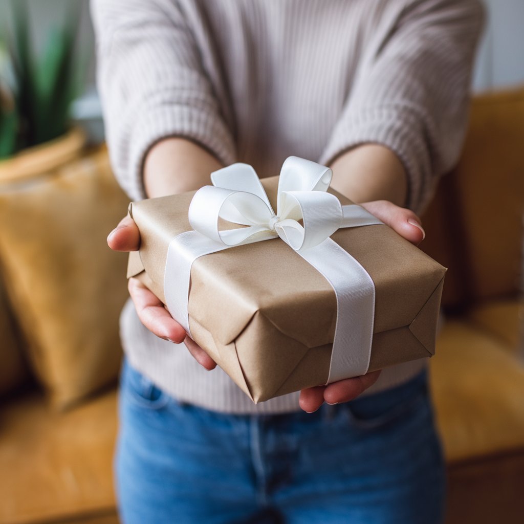 Recompense audience Une photo des mains d'une personne tenant un paquet cadeau. Le cadeau est emballé dans du papier brun et porte un nœud blanc. La personne qui reçoit le cadeau n'est pas visible. L'arrière-plan est flou et contient un canapé et une plante. L'éclairage est doux.