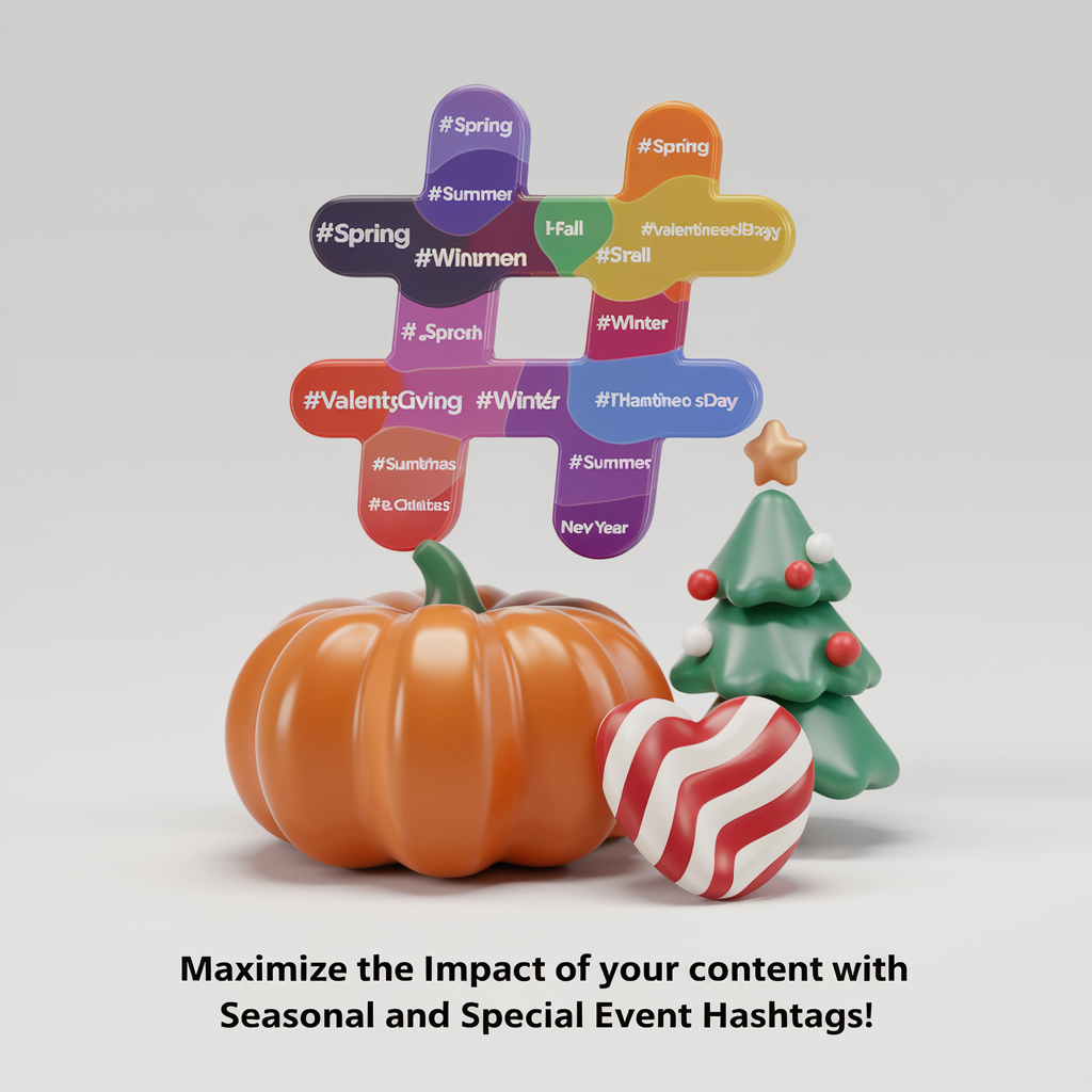 Les Hasthags du moment Rendu 3D d'une publication sur les réseaux sociaux avec le texte « Maximisez l'impact de votre contenu avec des hashtags saisonniers et d'événements spéciaux ! ». Il y a une citrouille, un sapin de Noël et un bonbon en forme de cœur. Au-dessus du texte, il y a un symbole de hashtag avec une variété de hashtags tels que #printemps, #été, #automne, #hiver, #saint-valentin, #halloween, #thanksgiving, #noël, #nouvelan.