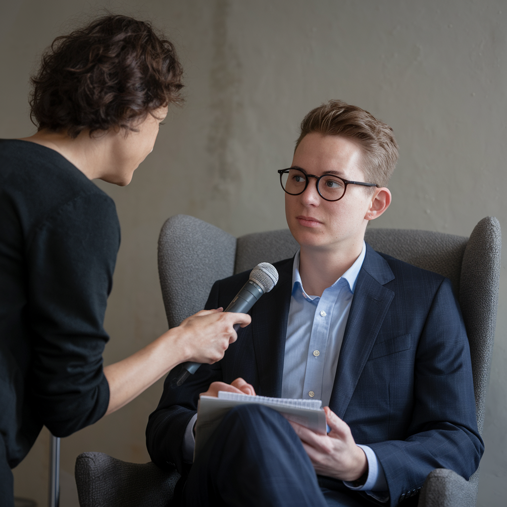 Interview client Une photo réaliste d'une personne interviewée. La personne portant des lunettes est assise sur une chaise et porte un costume. Elle tient un bloc-notes. L'intervieweur se tient debout à côté de lui, tenant un microphone. L'arrière-plan est un mur gris neutre.